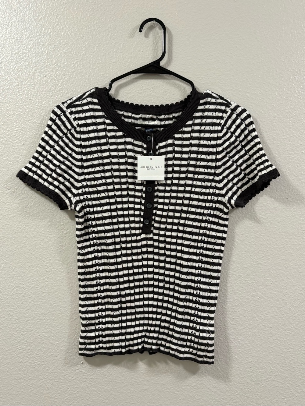American Eagle Outfitters Black and White Striped Short Sleeve Henley Tee